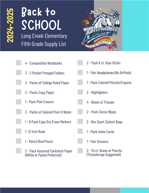 2023-2024 Fifth Grade School Supply List